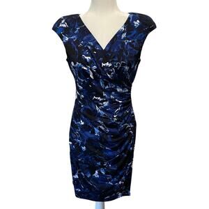 Lauren Ralph Lauren Faux Wrap Sheath Dress Blue Ruched Sz 6 Cap Sleeves Career